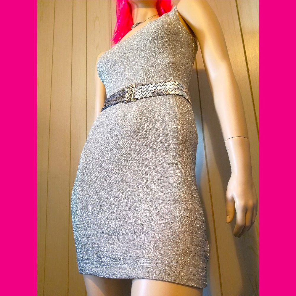 Vintage 80s Disco Diva Silver Metallic Glitter Sexy Body-con Lurex Mini Dress
